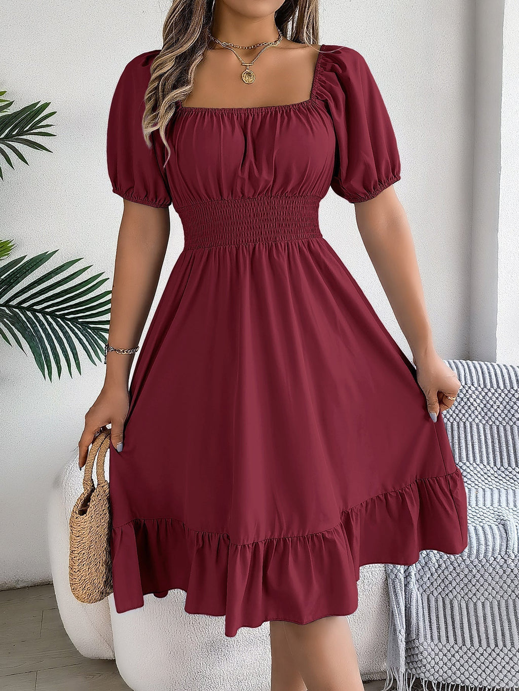 The Ruffled Charm | Solid Color Square-Neck Ruffled A-Line Midi Dress