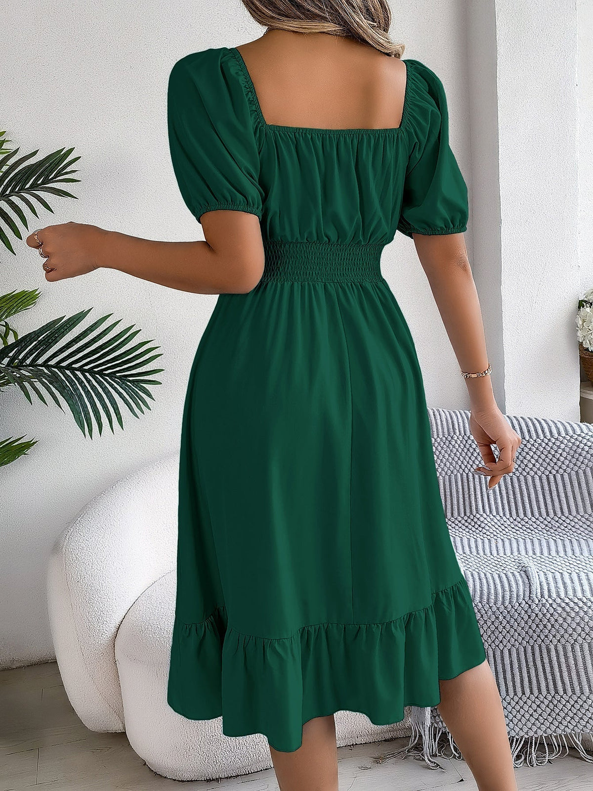 The Ruffled Charm | Solid Color Square-Neck Ruffled A-Line Midi Dress
