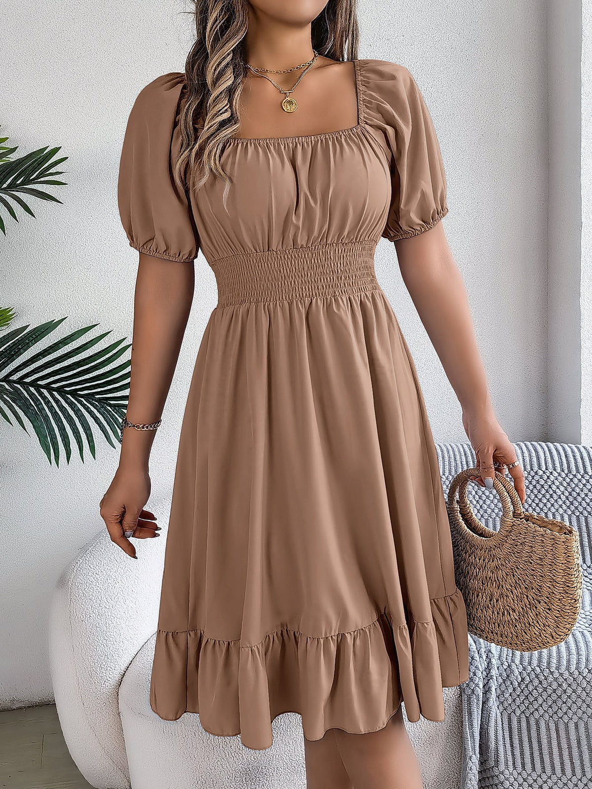 The Ruffled Charm | Solid Color Square-Neck Ruffled A-Line Midi Dress