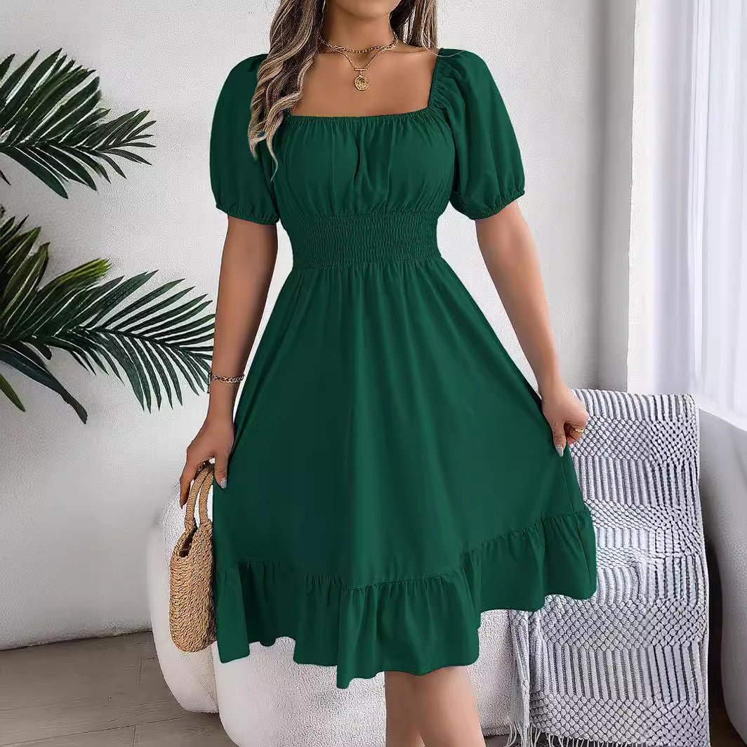 The Ruffled Charm | Solid Color Square-Neck Ruffled A-Line Midi Dress