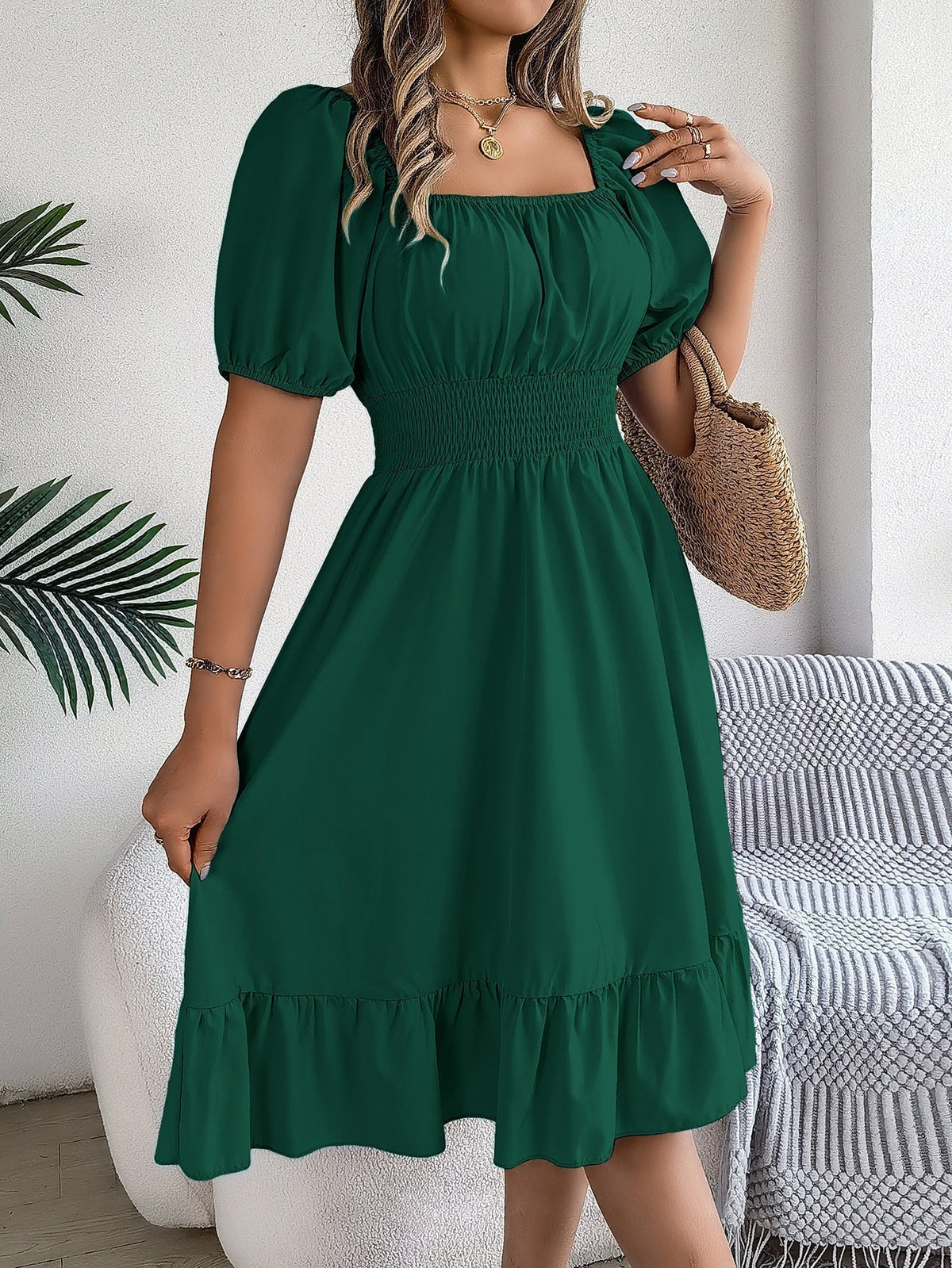 The Ruffled Charm | Solid Color Square-Neck Ruffled A-Line Midi Dress