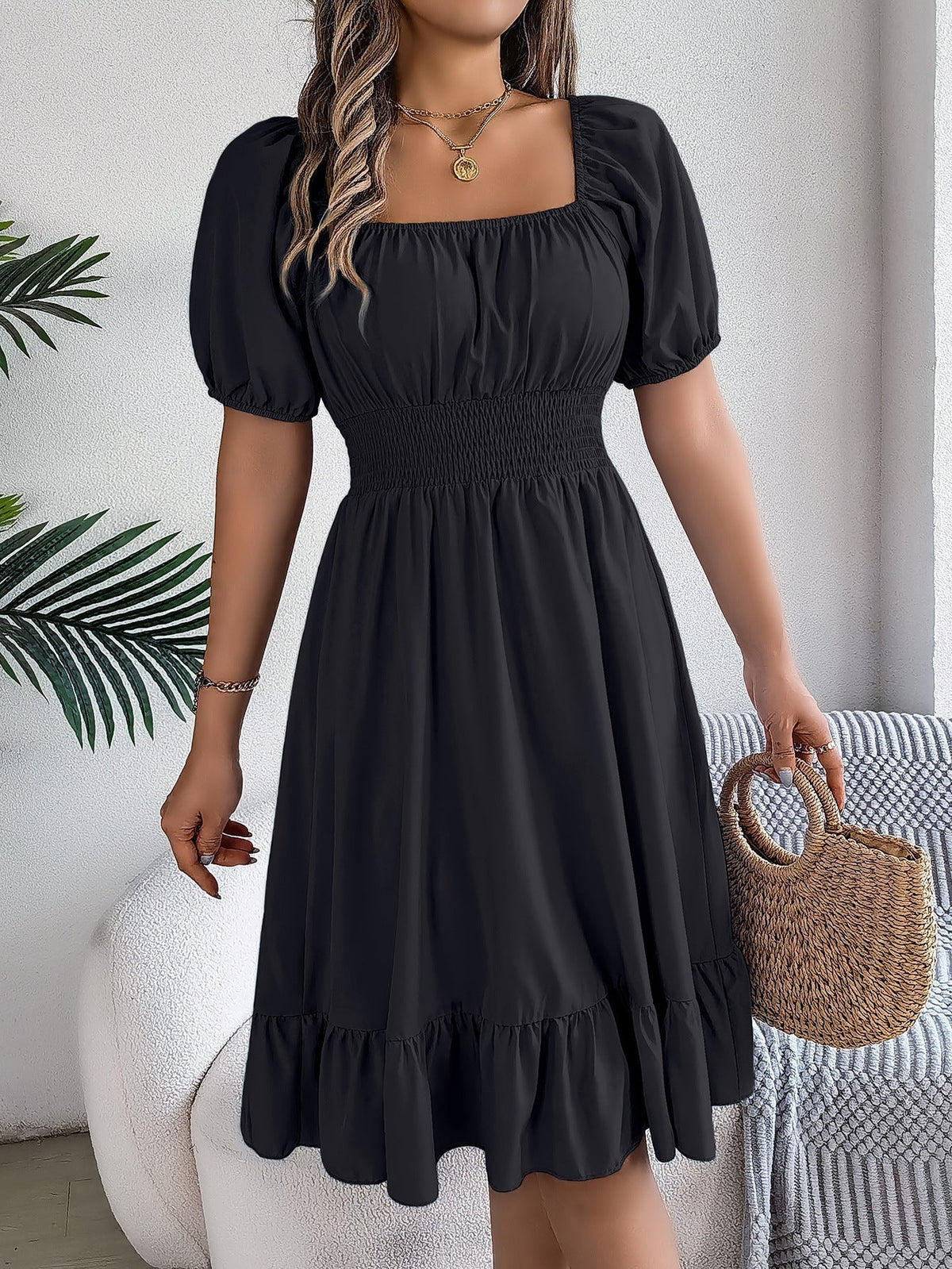 The Ruffled Charm | Solid Color Square-Neck Ruffled A-Line Midi Dress