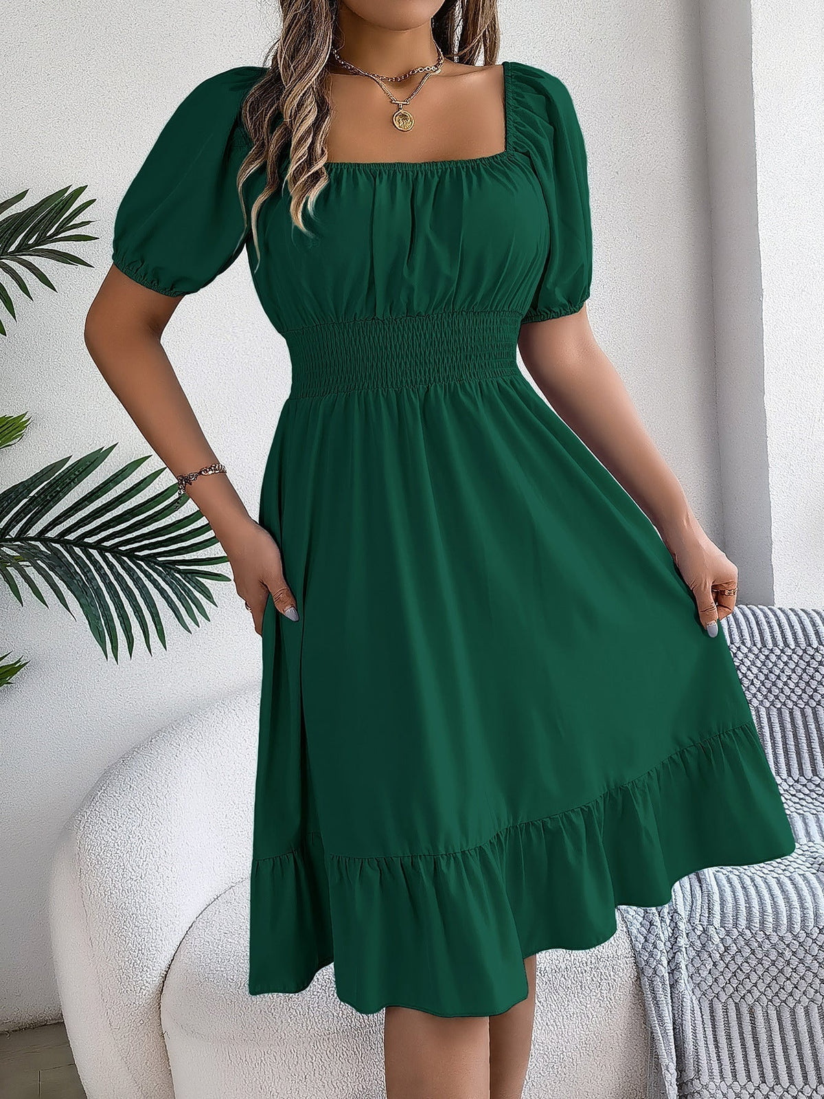 The Ruffled Charm | Solid Color Square-Neck Ruffled A-Line Midi Dress
