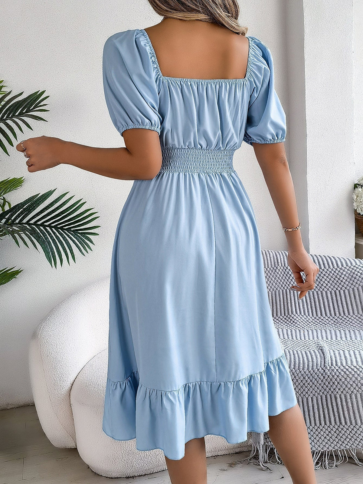 The Ruffled Charm | Solid Color Square-Neck Ruffled A-Line Midi Dress