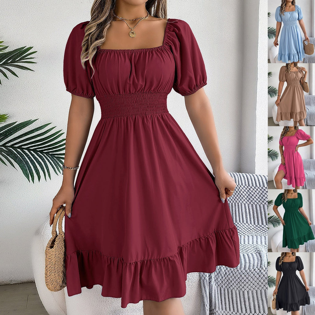 The Ruffled Charm | Solid Color Square-Neck Ruffled A-Line Midi Dress