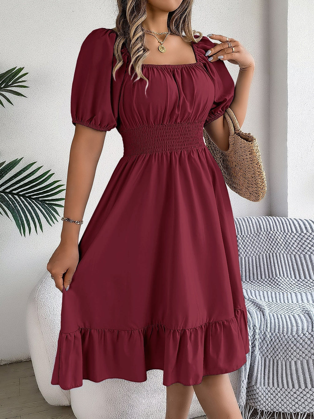 The Ruffled Charm | Solid Color Square-Neck Ruffled A-Line Midi Dress