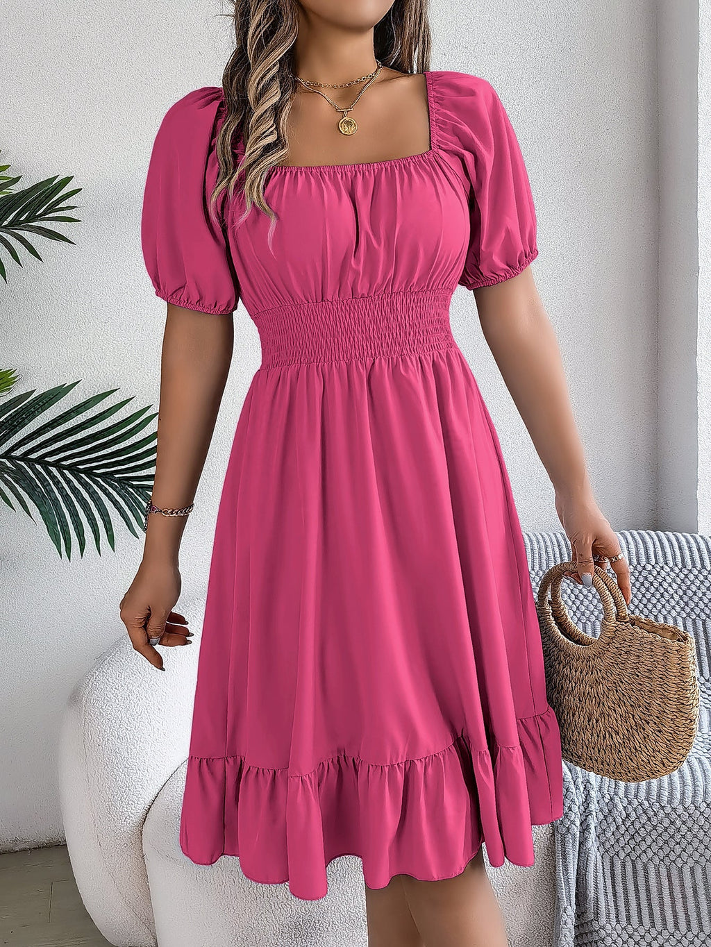 The Ruffled Charm | Solid Color Square-Neck Ruffled A-Line Midi Dress