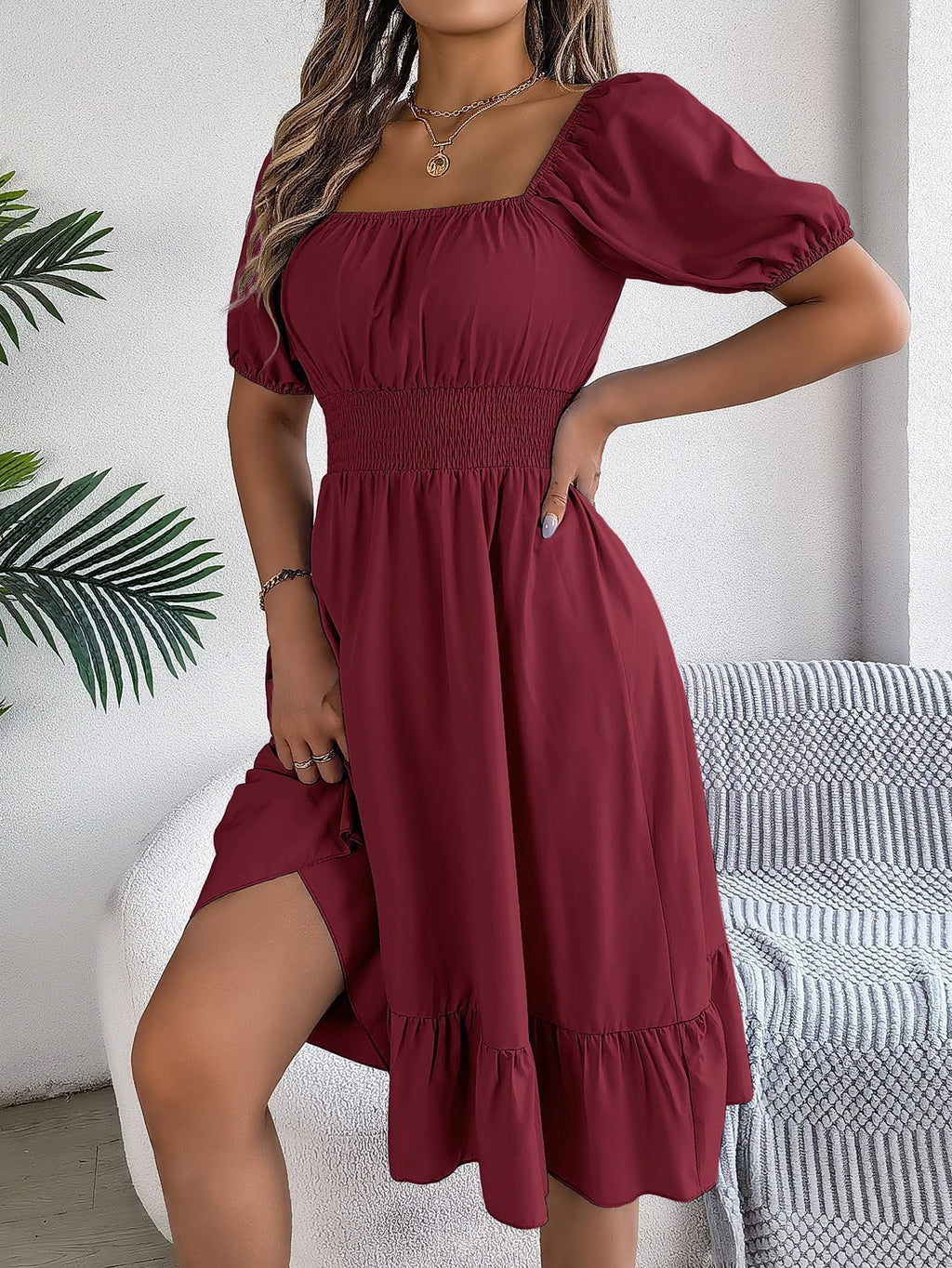 The Ruffled Charm | Solid Color Square-Neck Ruffled A-Line Midi Dress