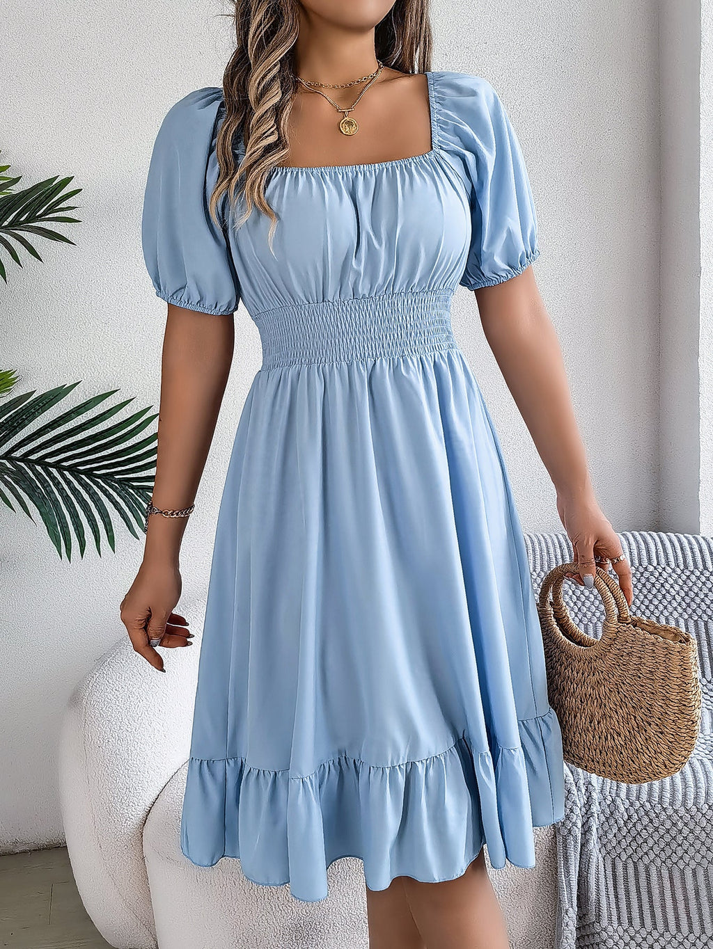 The Ruffled Charm | Solid Color Square-Neck Ruffled A-Line Midi Dress