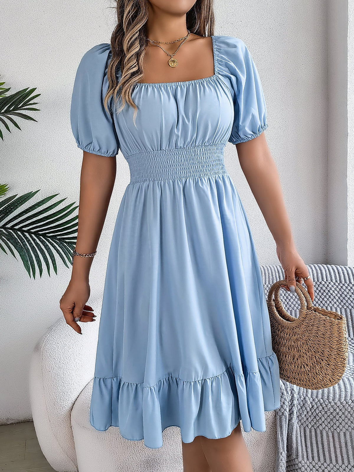 The Ruffled Charm | Solid Color Square-Neck Ruffled A-Line Midi Dress