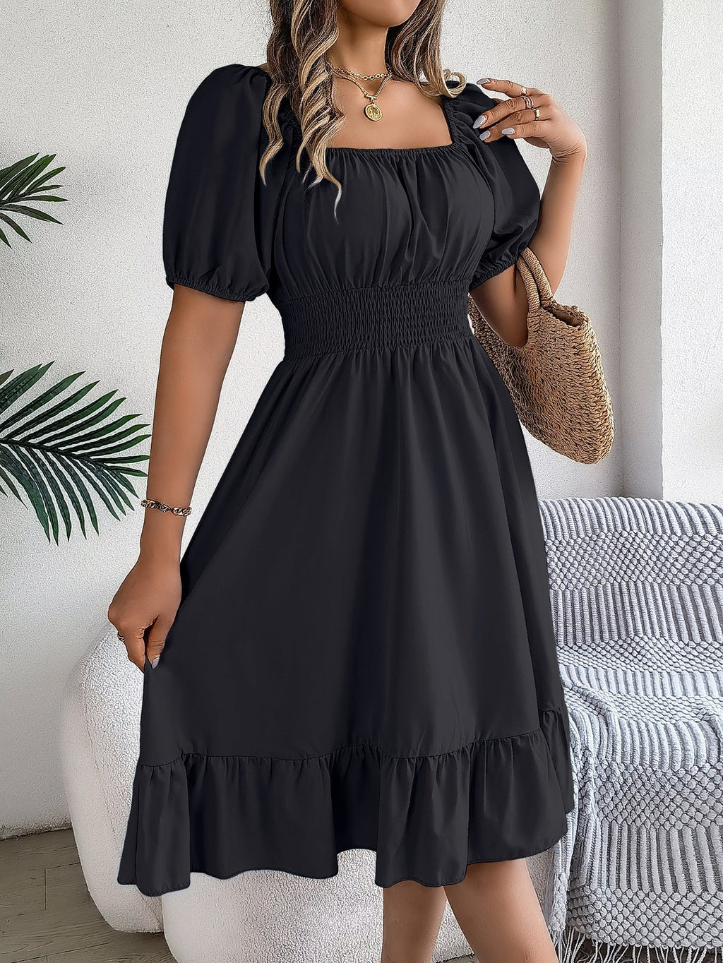 The Ruffled Charm | Solid Color Square-Neck Ruffled A-Line Midi Dress