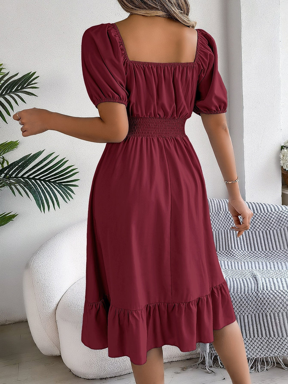The Ruffled Charm | Solid Color Square-Neck Ruffled A-Line Midi Dress