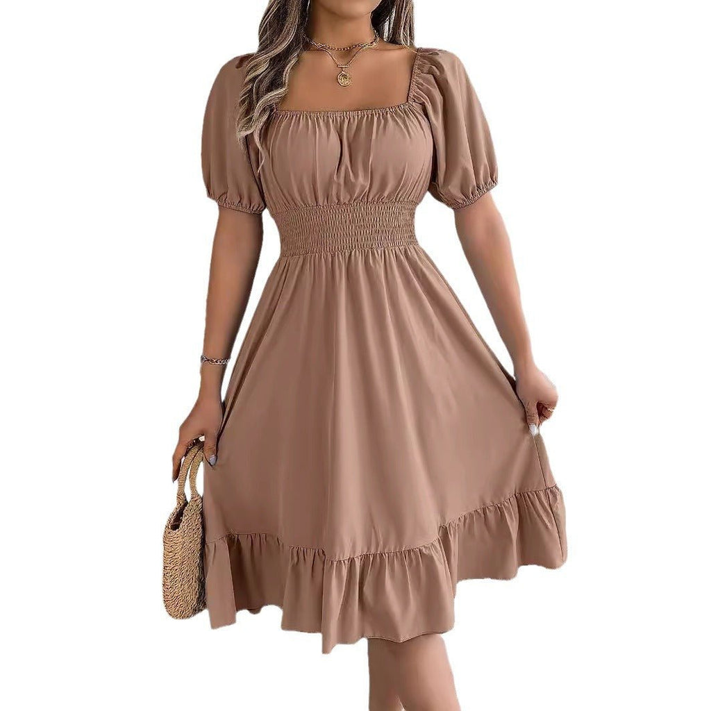 The Ruffled Charm | Solid Color Square-Neck Ruffled A-Line Midi Dress
