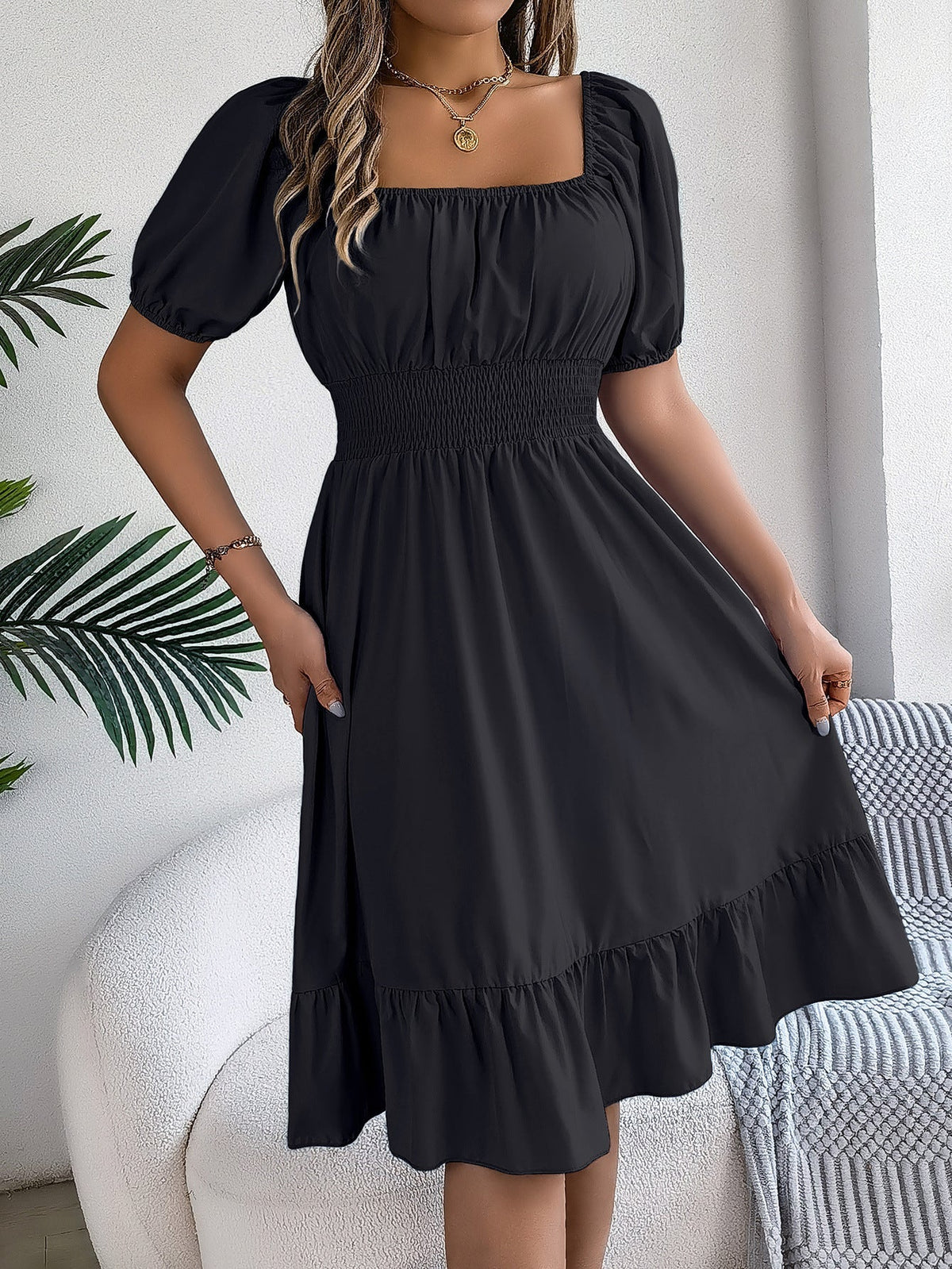 The Ruffled Charm | Solid Color Square-Neck Ruffled A-Line Midi Dress