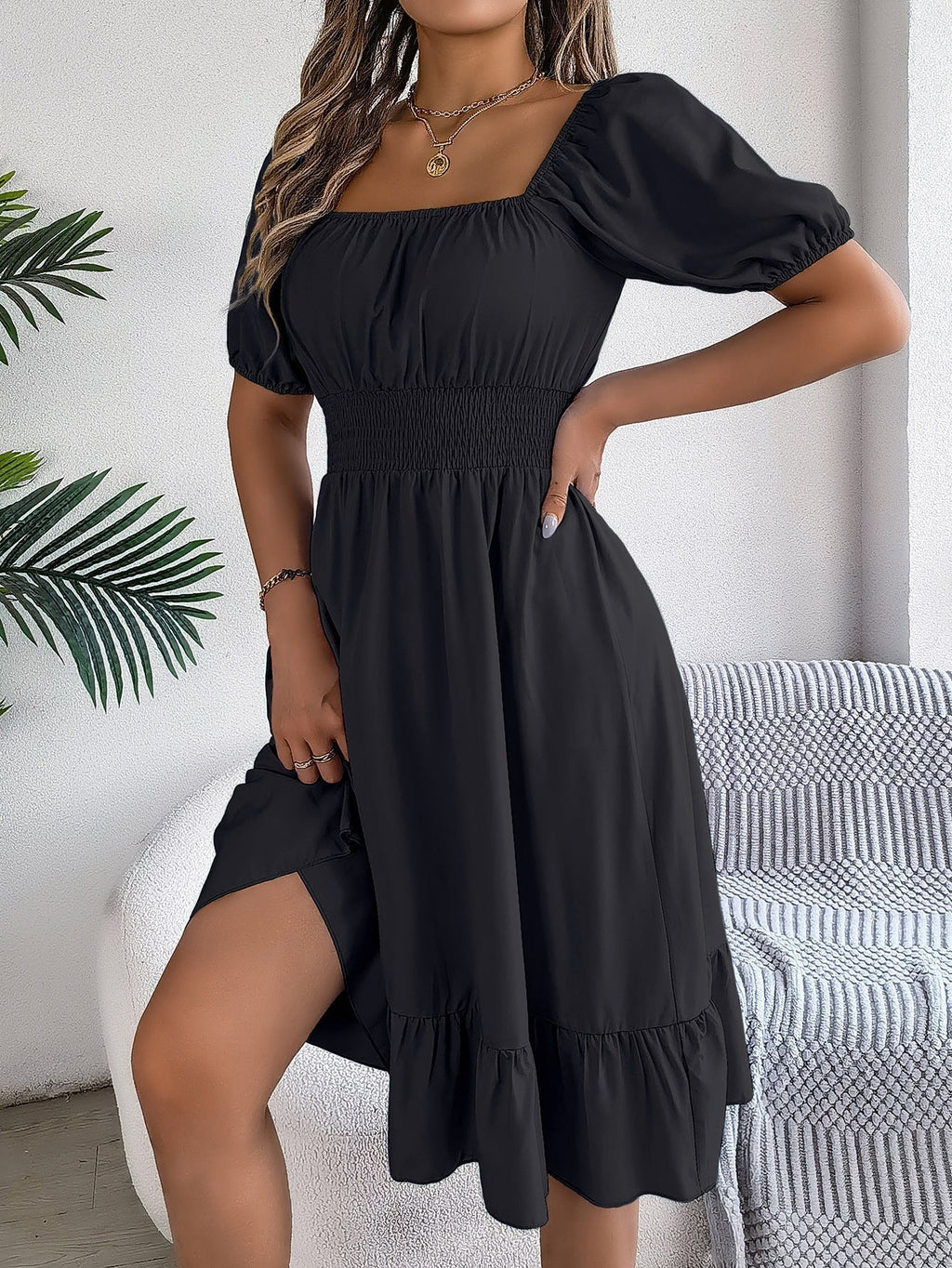The Ruffled Charm | Solid Color Square-Neck Ruffled A-Line Midi Dress