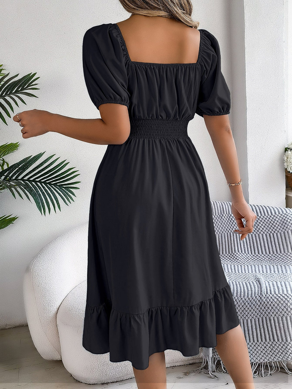 The Ruffled Charm | Solid Color Square-Neck Ruffled A-Line Midi Dress