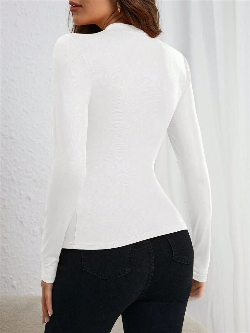 Asymmetric neckline pleated side long-sleeved T-shirt
