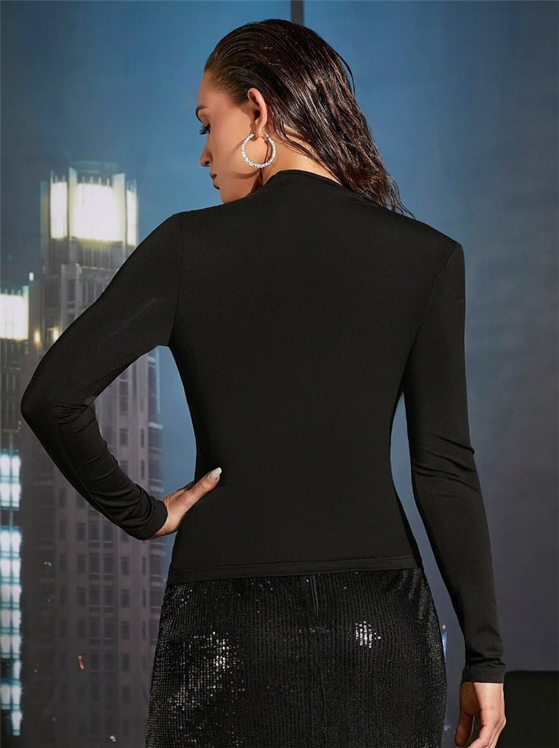 Asymmetric neckline pleated side long-sleeved T-shirt