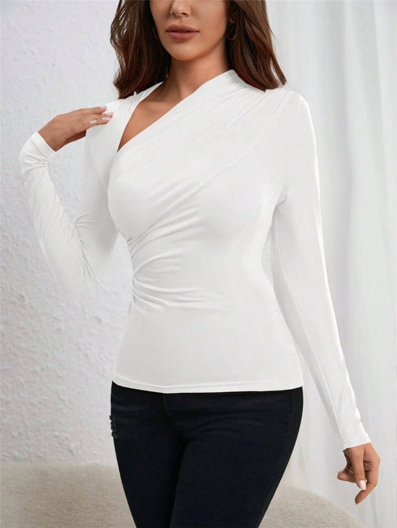 Asymmetric neckline pleated side long-sleeved T-shirt