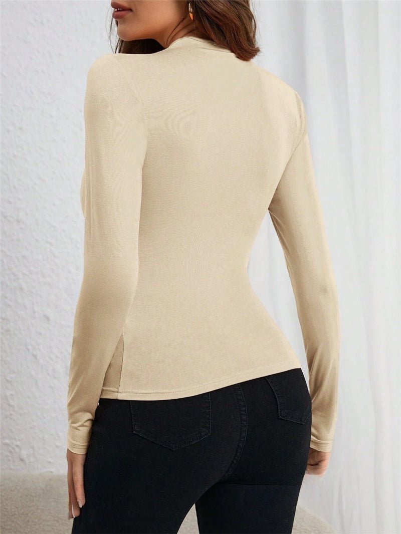 Asymmetric neckline pleated side long-sleeved T-shirt