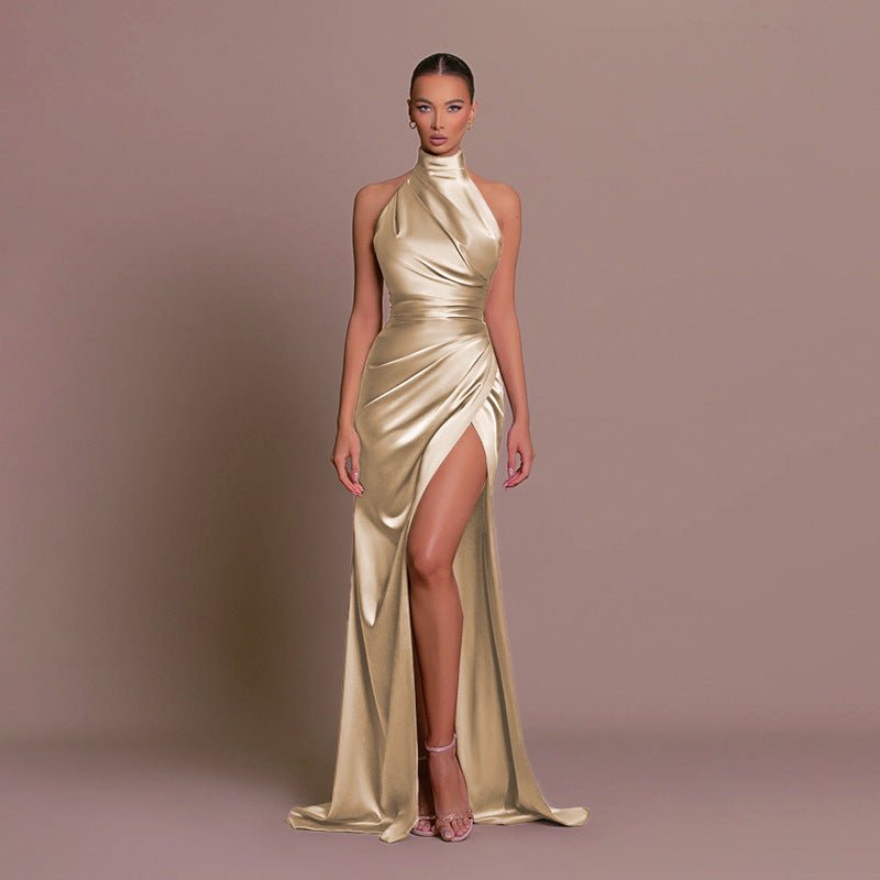The Halter Elegance | Women's Sleeveless Stand Collar Slit Maxi Dress