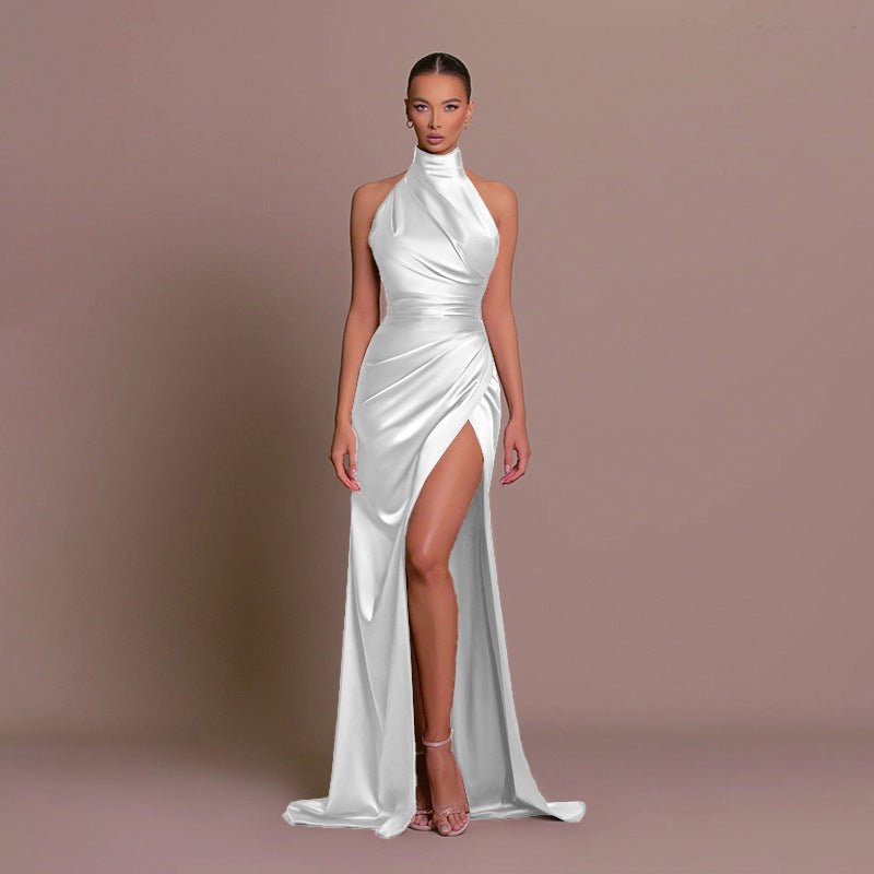 The Halter Elegance | Women's Sleeveless Stand Collar Slit Maxi Dress