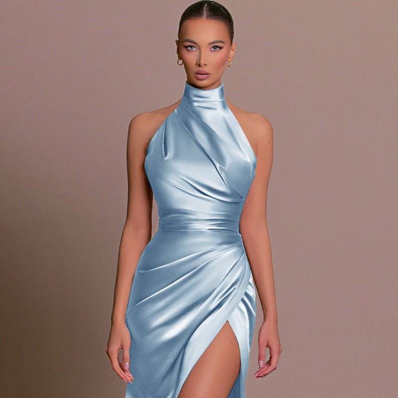The Halter Elegance | Women's Sleeveless Stand Collar Slit Maxi Dress