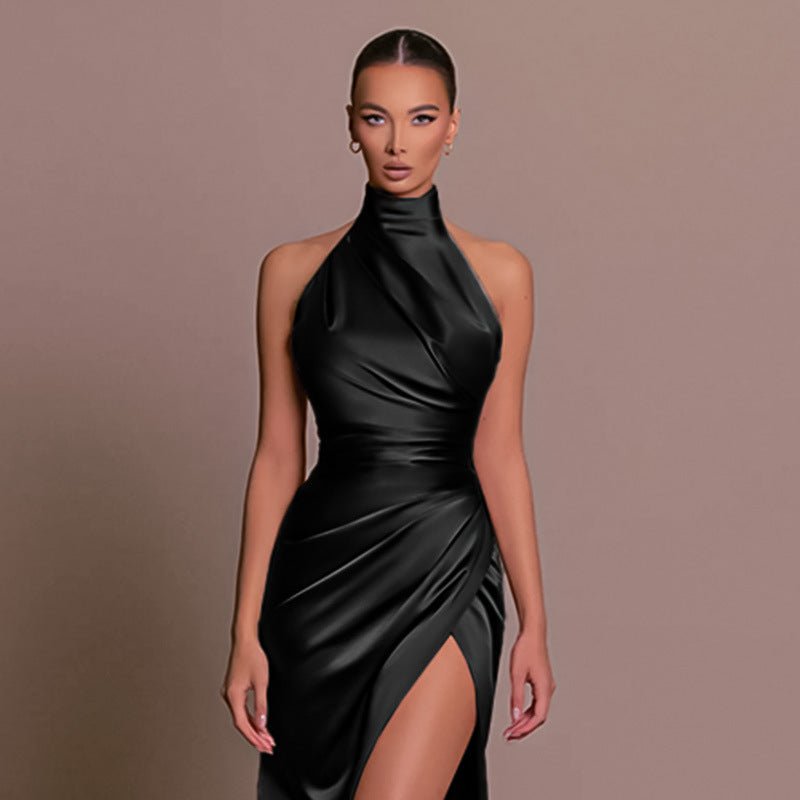 The Halter Elegance | Women's Sleeveless Stand Collar Slit Maxi Dress