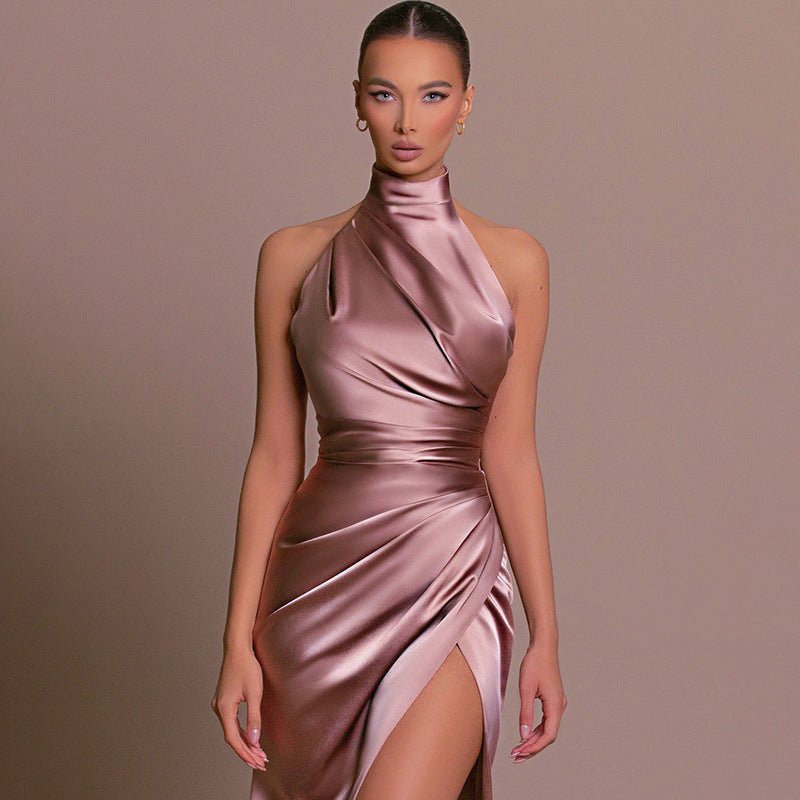 The Halter Elegance | Women's Sleeveless Stand Collar Slit Maxi Dress