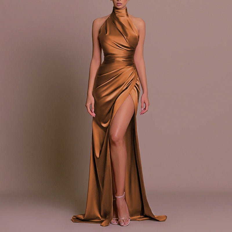 The Halter Elegance | Women's Sleeveless Stand Collar Slit Maxi Dress