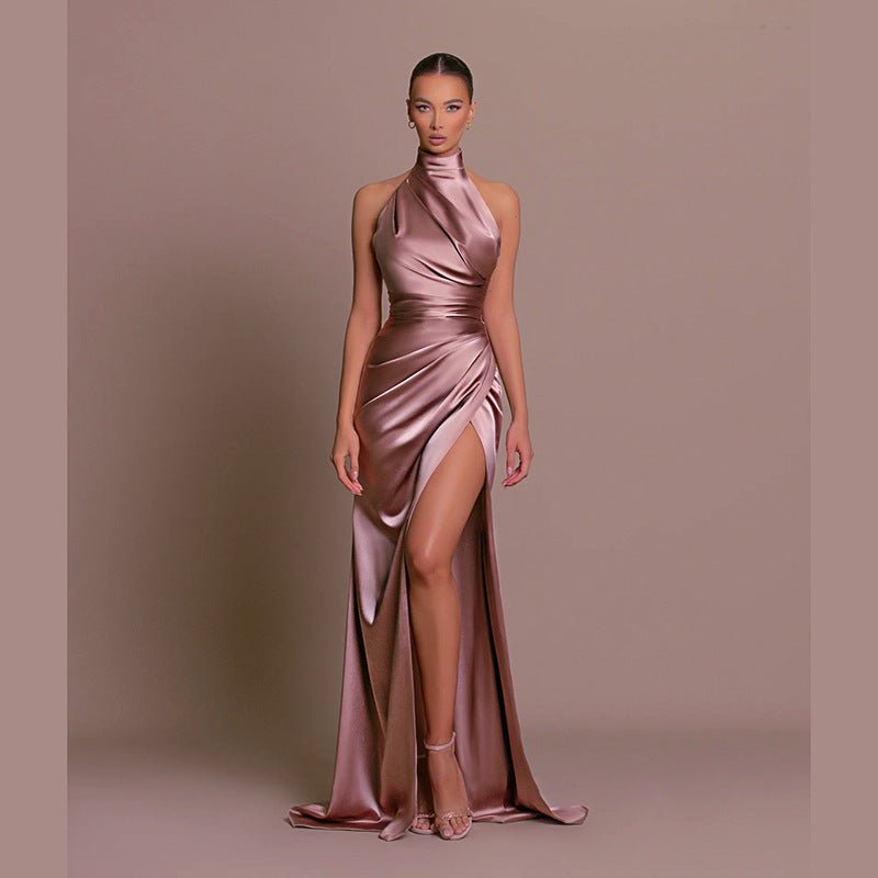 The Halter Elegance | Women's Sleeveless Stand Collar Slit Maxi Dress