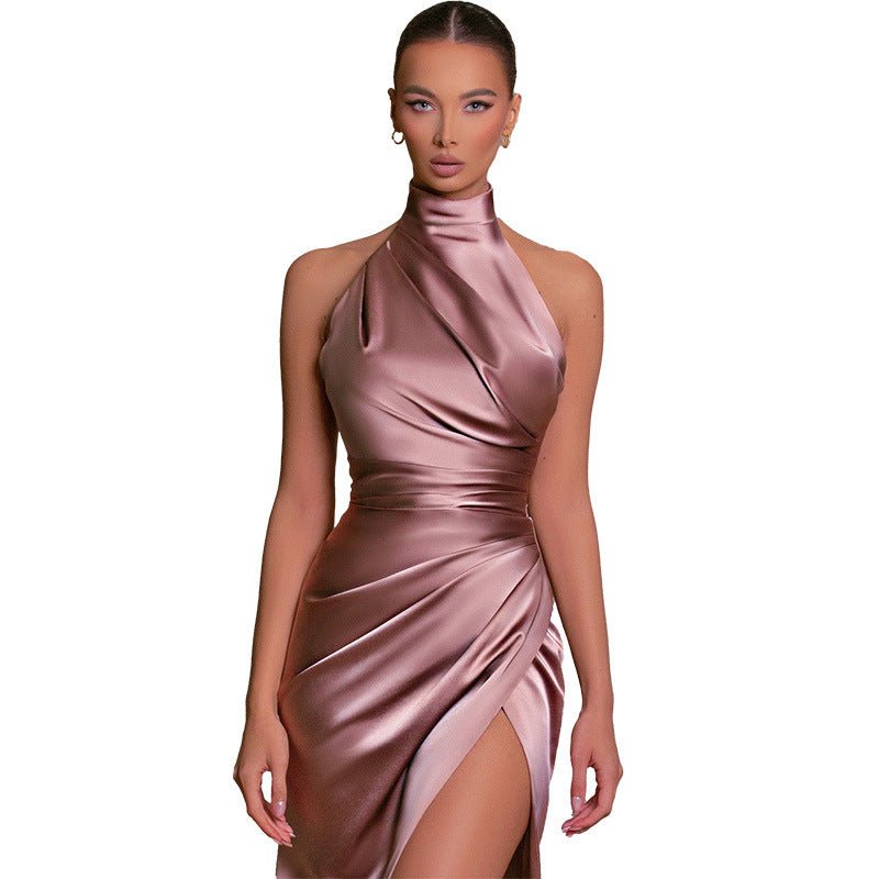 The Halter Elegance | Women's Sleeveless Stand Collar Slit Maxi Dress