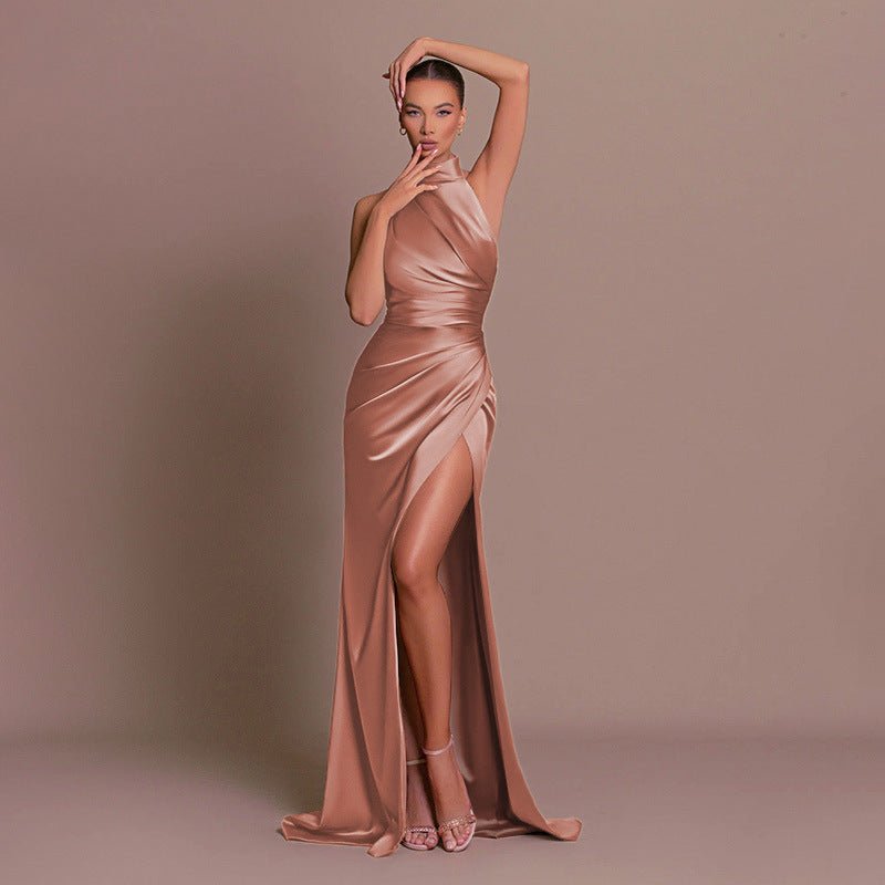 The Halter Elegance | Women's Sleeveless Stand Collar Slit Maxi Dress