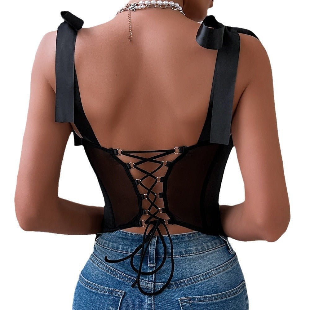 Sequined Spark | Lace-Up Polka Dot Backless Cami Top Black