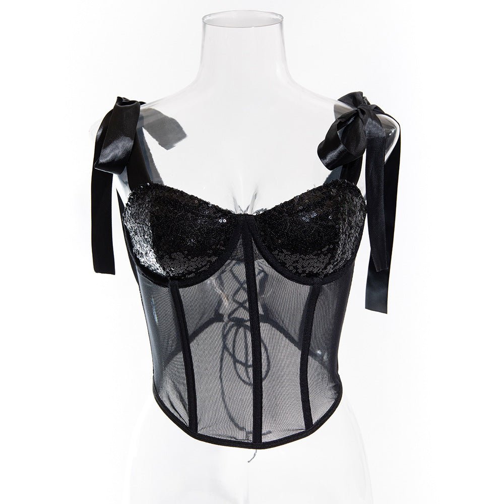 Sequined Spark | Lace-Up Polka Dot Backless Cami Top Black
