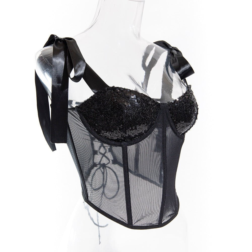 Sequined Spark | Lace-Up Polka Dot Backless Cami Top Black