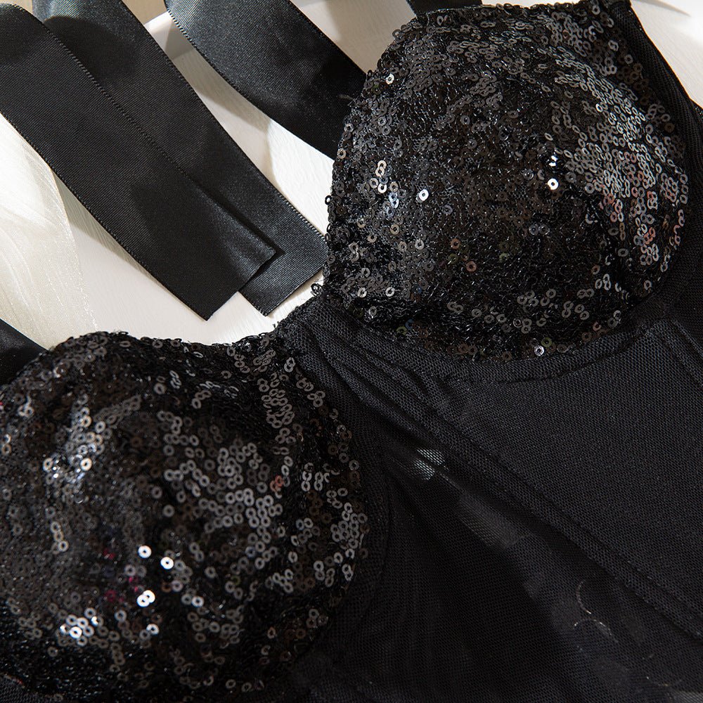 Sequined Spark | Lace-Up Polka Dot Backless Cami Top Black
