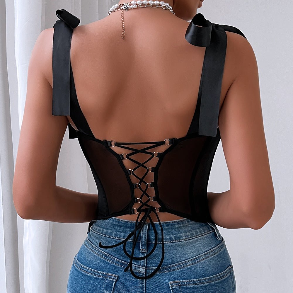 Sequined Spark | Lace-Up Polka Dot Backless Cami Top Black