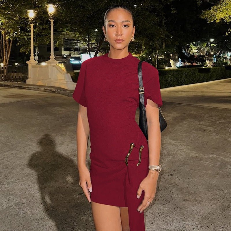 The Buckle Elegance | Women's Metal Buckle Round Neck Long-Sleeve Mini Dress