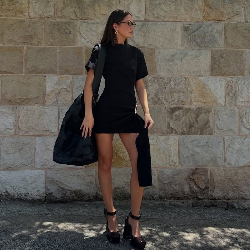 The Buckle Elegance | Women's Metal Buckle Round Neck Long-Sleeve Mini Dress