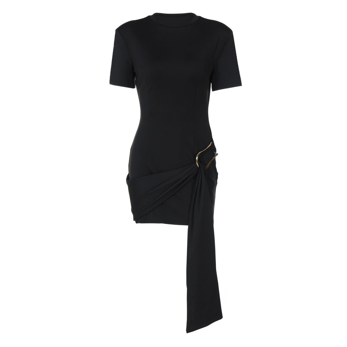The Buckle Elegance | Women's Metal Buckle Round Neck Long-Sleeve Mini Dress