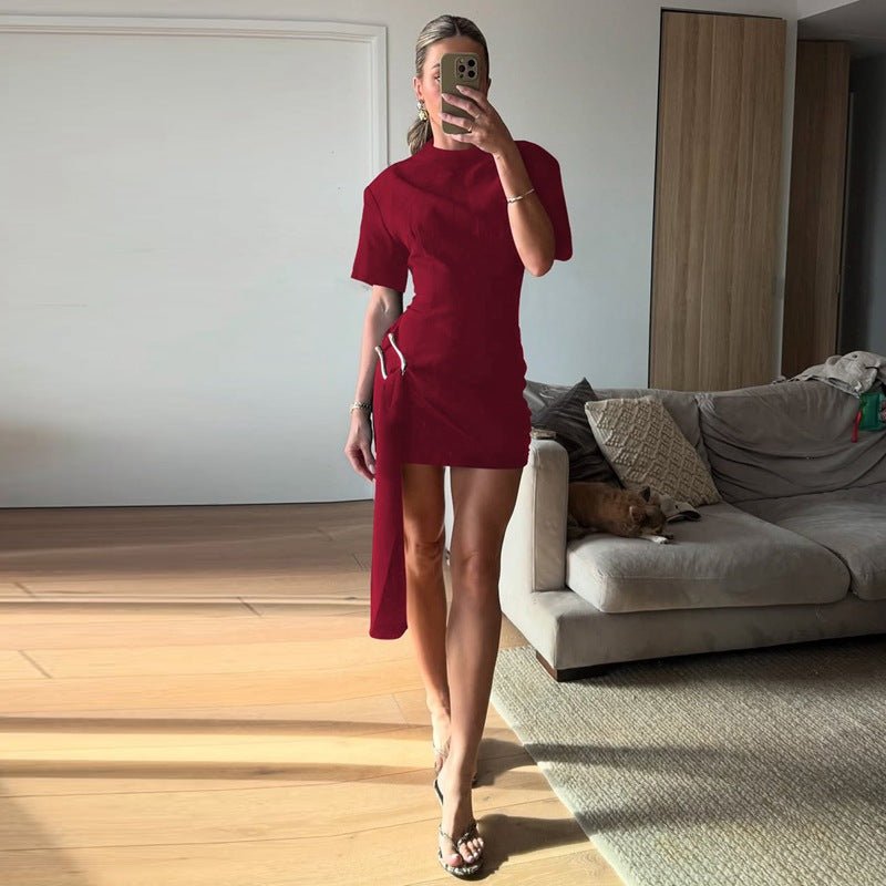 The Buckle Elegance | Women's Metal Buckle Round Neck Long-Sleeve Mini Dress
