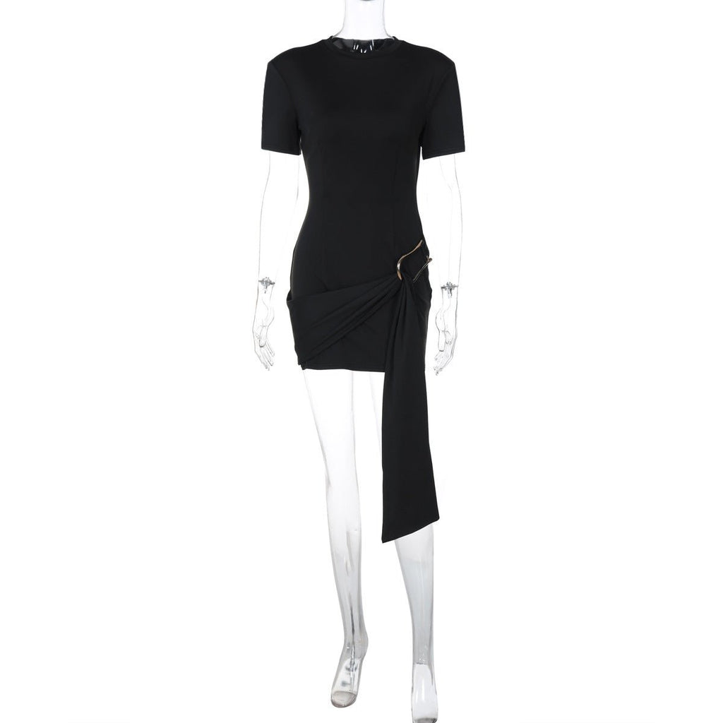 The Buckle Elegance | Women's Metal Buckle Round Neck Long-Sleeve Mini Dress