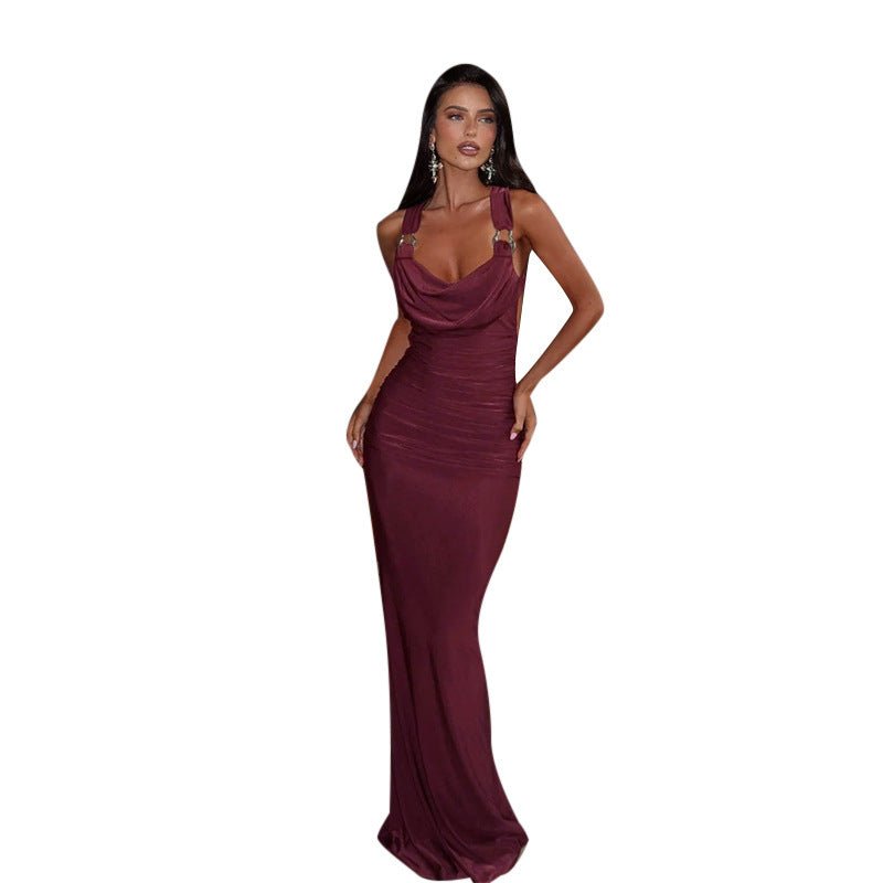 The Halter Seduction | Solid Color Pocket Collar Halter Maxi Hip-Wrap Dress