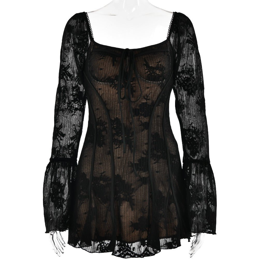 The Lace Spice | Women's Lace Flared Sleeve Backless Hip Mini Dress