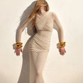 The Mesh Spice | Women's Sexy Mesh Shrink-Pleated Long-Sleeve Maxi Dress