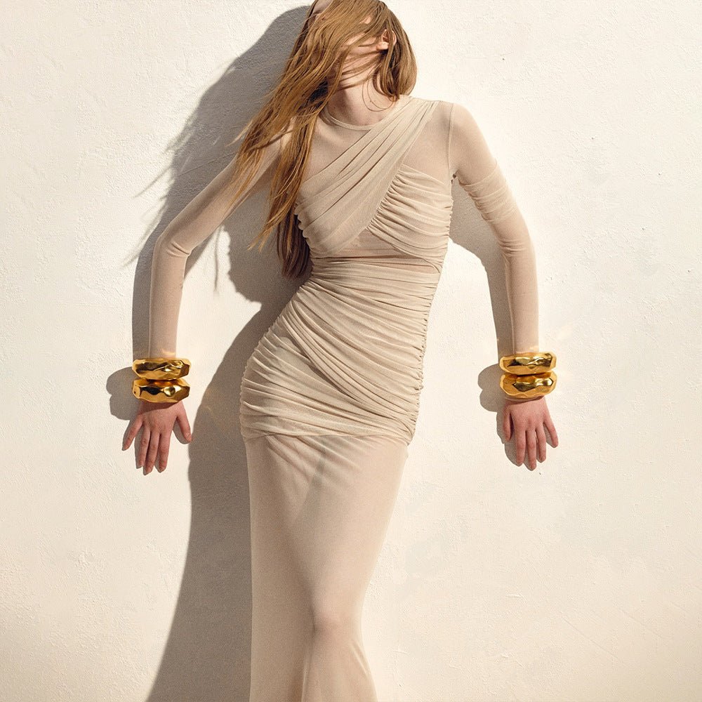 The Mesh Spice | Women's Sexy Mesh Shrink-Pleated Long-Sleeve Maxi Dress