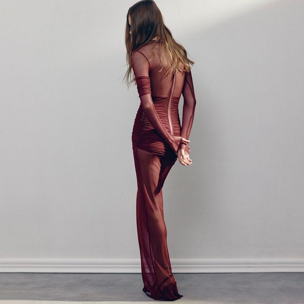 The Mesh Spice | Women's Sexy Mesh Shrink-Pleated Long-Sleeve Maxi Dress