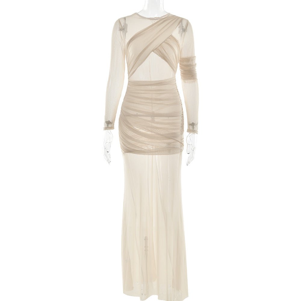 The Mesh Spice | Women's Sexy Mesh Shrink-Pleated Long-Sleeve Maxi Dress