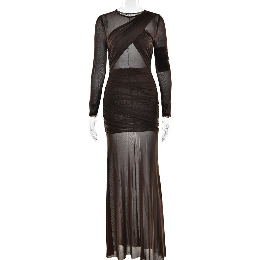 The Mesh Spice | Women's Sexy Mesh Shrink-Pleated Long-Sleeve Maxi Dress